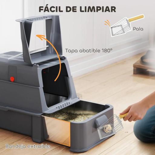 Arenero para Gatos de Acero Inoxidable XL con Tapa Abatible 180° Laterales Altos Pedal Pala Gris Oscuro [2]