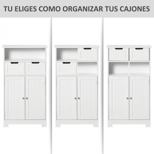 Armario de Baño con 2 Puertas Estante Ajustable 2 Cajones y Compartimento Abierto Mueble Auxiliar de Almacenaje para Salón Cocina 60x30x108,8 cm Blanco [5]