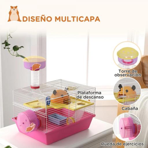 Jaula para Hámster con Cuenco Bebedero Rueda de Ejercicio Torre de Observación y Casita 34x27x25 cm Rosa [4]