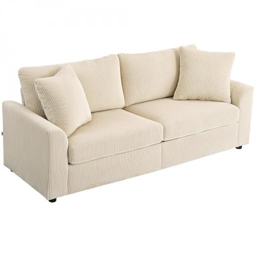 Sofá de 3 Plazas Tapizado en Pana con 2 Almohadas Reposabrazos y Cojín de Muelles para Salón 212x80x88 cm Crema [8]