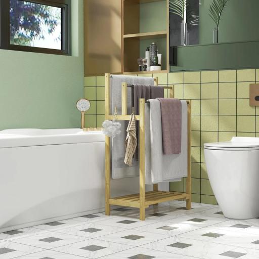 Toallero de Pie de Bambú con 3 Barras de Acero Inoxidable Estante Abierto 50,5x31x90 cm Natural