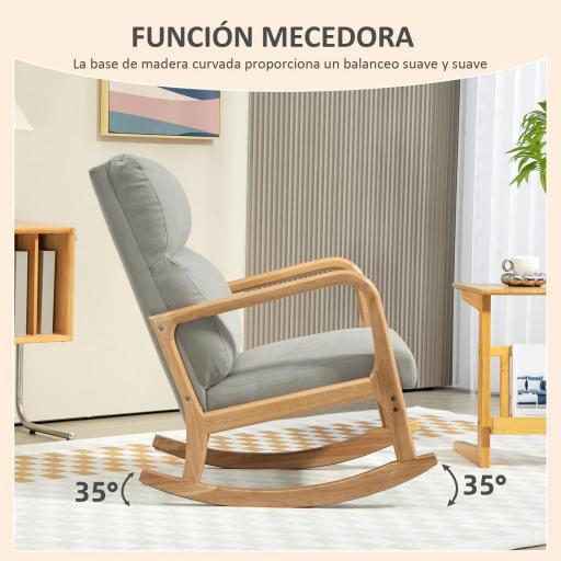 Mecedora Tapizada en Lino Silla Mecedora con Patas de Madera de Caucho y Reposabrazos Carga 150 kg Gris [2]