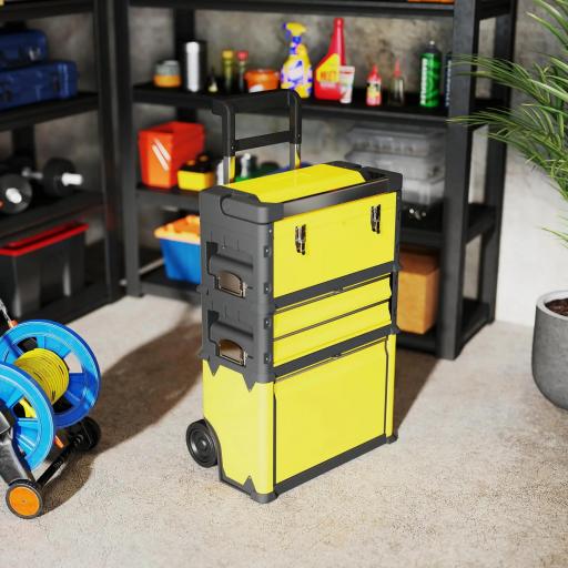 Caja de Herramientas con Ruedas Apilable Carro de Herramientas de Acero con Bandeja Mango Telescópico Amarillo y Negro [2]