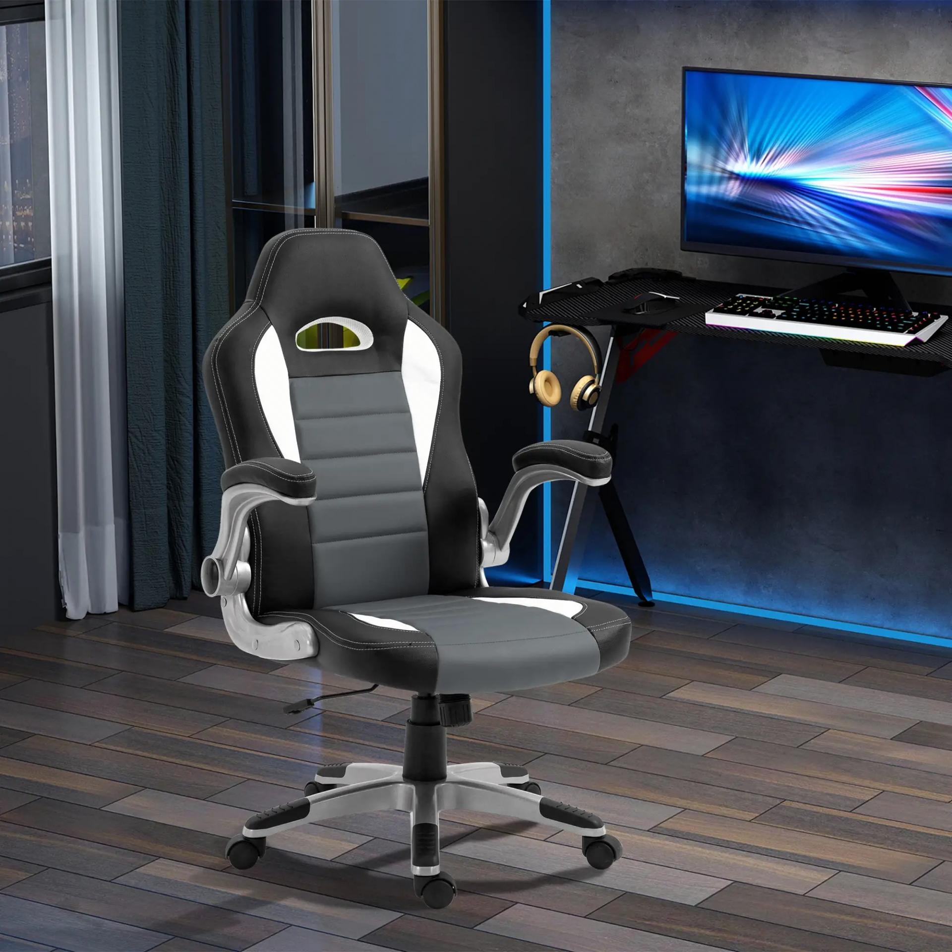 Silla de Oficina Ajustable Silla de Despacho con Reposabrazos Abatibles 5 Ruedas Carga 120 kg 65x69x112-122 cm Gris