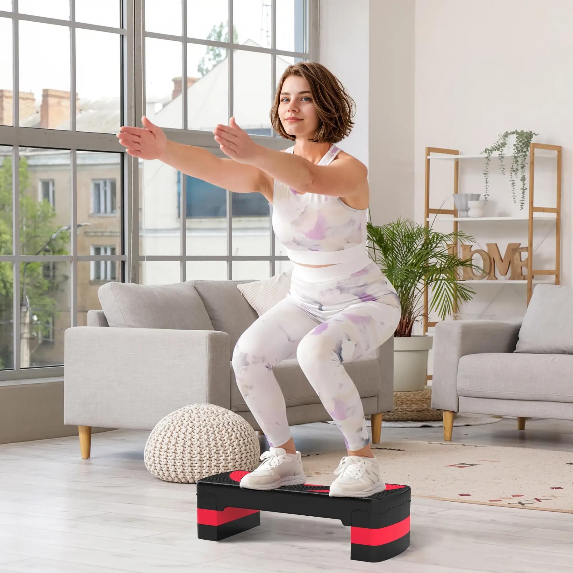Step de Aeróbic para Fitness Antideslizante con Altura Regulable 3 Niveles 10/15/20 cm Carga 150 kg 80x31x20 cm Rojo