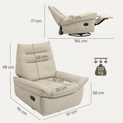 Sillón Relax Reclinable Giratorio Función Balancín Tapizado en PU Reposapiés Asiento Amplio Acolchado Grueso Crema [1]