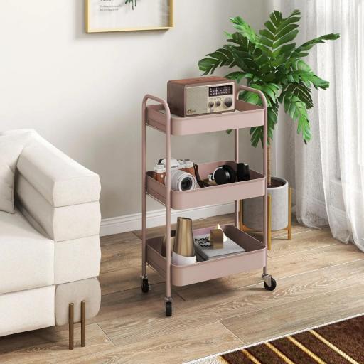 Carrito de Almacenamiento con 3 Cestas y Marco de Acero para Salón Dormitorio Oficina Cocina 45x30,6x79 cm Rosa