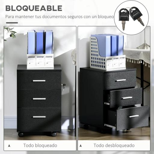 Cajonera de Escritorio con 3 Cajones Ruedas Cerradura 2 Llaves Archivador Móvil para Estudio Salón 40x40x61,5 cm Negro [2]