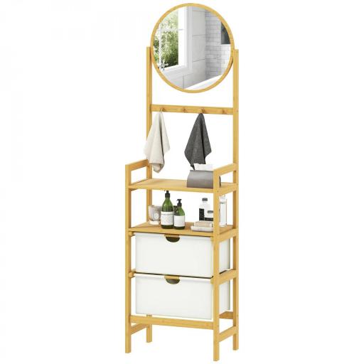 Estantería de Baño de Bambú con Espejo con 4 Ganchos 2 Estantes Abiertos y 2 Cajones de Tela 48,5x30x170 cm Natural [3]