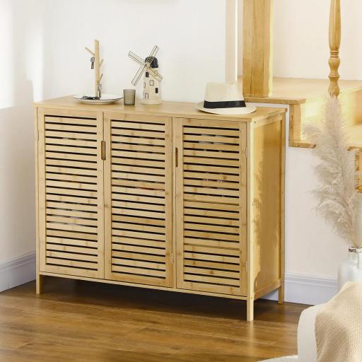 Armario Zapatero de Bambú con 3 Puertas Estantes Ajustables para 16 Pares de Zapatos Antivuelco 100x35x80 cm Natural [5]