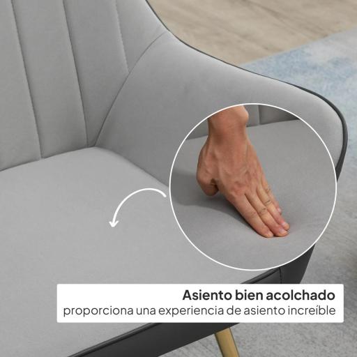Silla de Cuero Sintético y Terciopelo con Respaldo a Rayas Patas Doradas y Asiento Acolchado para Salón Dormitorio Gris [3]