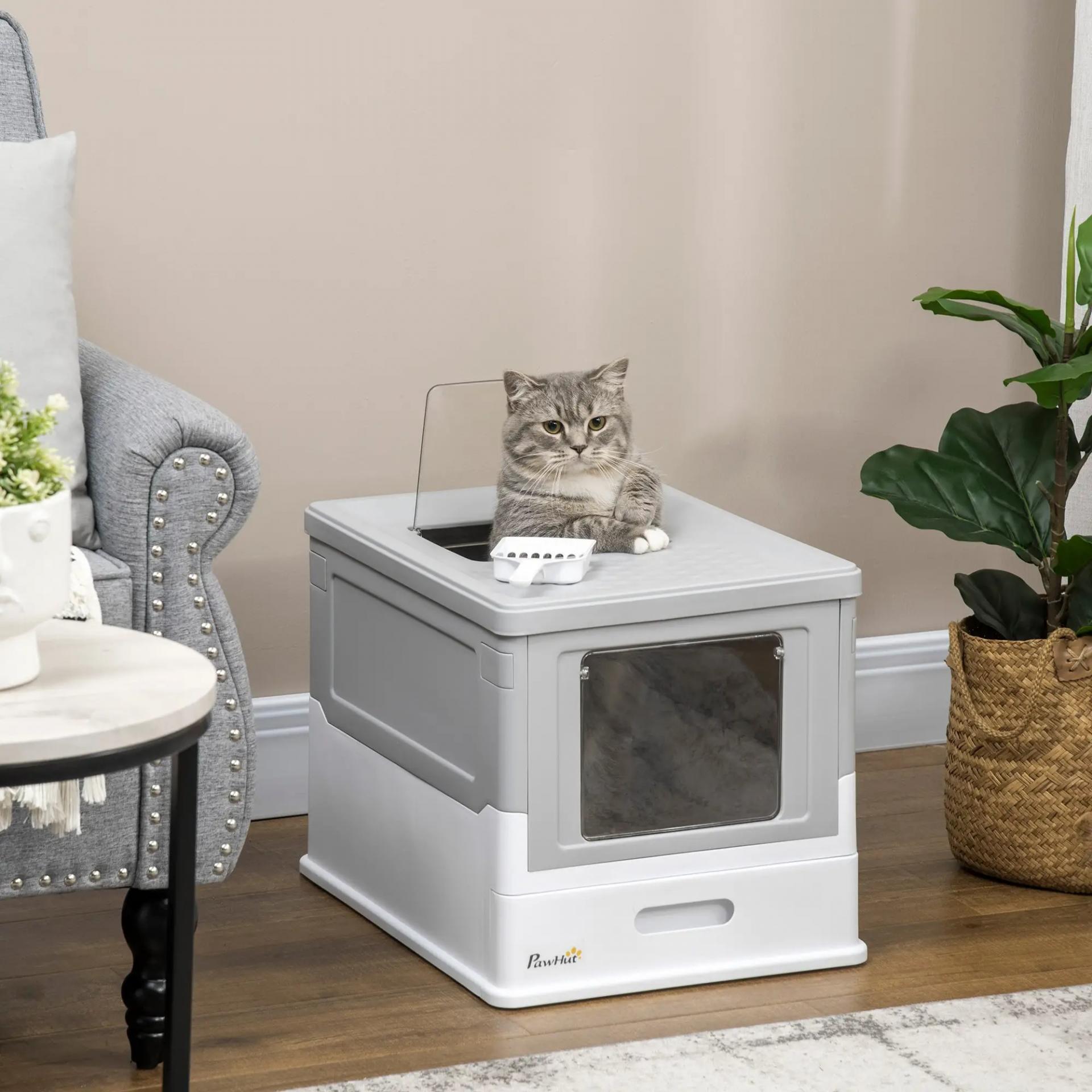 Arenero Cubierto para Gatos Desmontable con Entrada Frontal y Salida Superior con Pala 47,5x35,5x36,7 cm Gris y Blanco