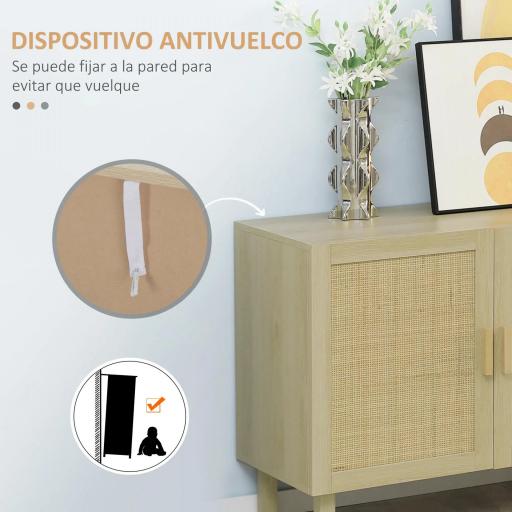 Aparador 3 Puertas de Rejilla de Ratán con Estantes Ajustables para Comedor Entrada Dormitorio Natural 136x41x70 cm [8]