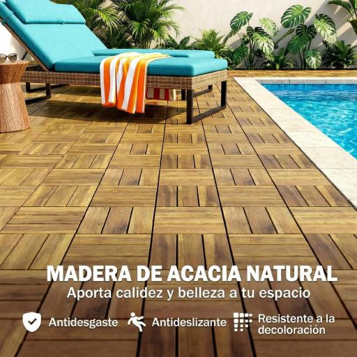 Set de 10 Piezas Baldosas de Exterior de Madera 31x31 cm 0,91 m² Suelo de Jardín Exterior Antideslizantes Natural [2]