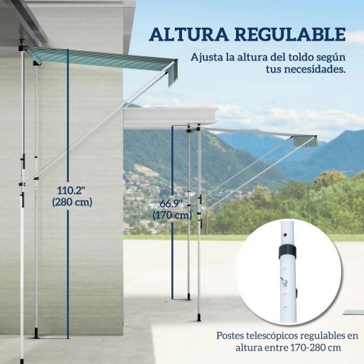 Toldo Manual Retráctil 200x150x170-280 cm para Balcón y Terraza con Altura Ajustable con Manivela Rayas Verde y Blanco [2]