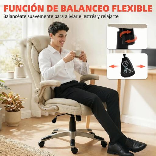 Silla de Oficina con Masaje Vibratorio de 4 Puntos Calor Lumbar Brazos Abatibles Respaldo Alto Altura Ajustable Crema [7]