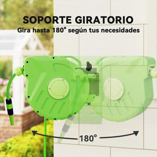 Carrete para Manguera 15M+1,5M Soporte Mural Portamanguera Roll-up Automático Giratorio 180° con Pistola de Pulverización Gran Alcance Base de Pared Conector de Manguera para Jardín Terraza [7]