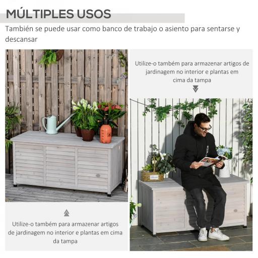 Baúl de Madera Exterior Caja de Almacenamiento de Jardín con Tapa Abrible y Diseño Persiana 127x56x60 cm Madera Gris [5]