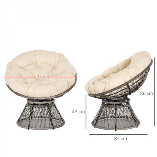 Sillón Papasan Giratorio de Ratán Sintético con Cojín Carga 160 kg para Exterior Jardín Terraza 87x97x86 cm Gris y Crema [1]