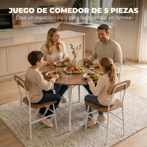 Juego de Mesa y 4 Sillas de Comedor Estilo Industrial Marco Metálico para Espacios Pequeños Salón Natural y Blanco [2]