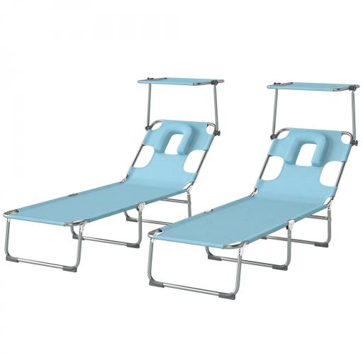 Set de 2 Tumbonas Plegables Reclinables con Dosel 360° Orificio Facial Bolsillo Lateral y Textilene 550 g/m² Azul [10]