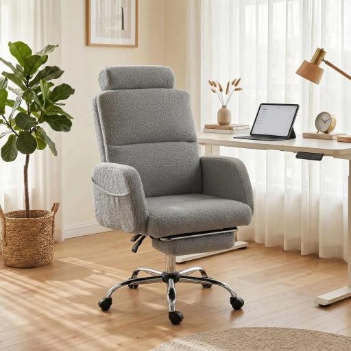 Silla de Escritorio con Reposapiés Tapizada en Borreguito con Respaldo Reclinable Reposacabezas Ajustable Gris Claro [10]