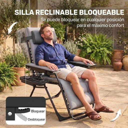 Silla de Gravedad Cero Tumbona Plegable y Reclinable Ajustable con Reposabrazos Reposacabezas Portavasos Gris Claro [4]