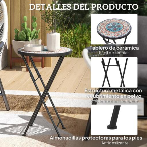 Mesa Auxiliar Redonda de Jardín Plegable con Encimera de Mosaico y Almohadillas Antideslizantes Ø35,5x55 cm Multicolor [3]