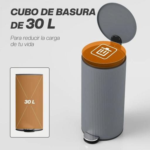 Cubo de Basura Cocina 30L con Pedal Tapa de Cierre Suave y Cubo Extraíble para Dormitorio Oficina Estudio Salón Gris [2]