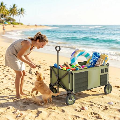 Carro Plegable de Transporte con Mango Telescópico Tablero Plegable y 5 Bolsillos para Playa 108x55x93 cm Verde [6]