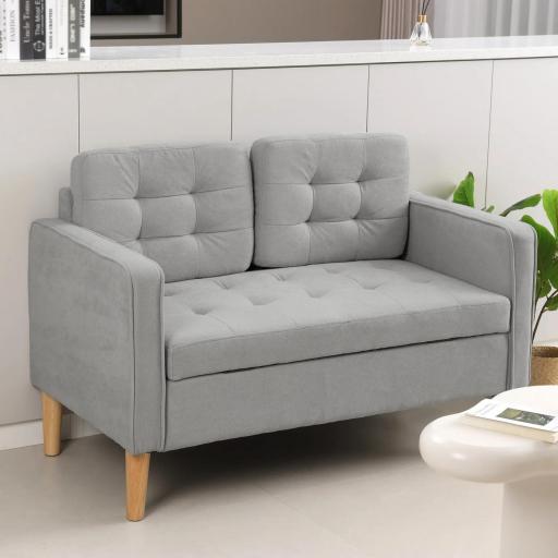 Sofá de 2 Plazas con Espacio de Almacenamiento Patas de Madera Respaldo Capitoné 117x62x78 cm Gris Claro