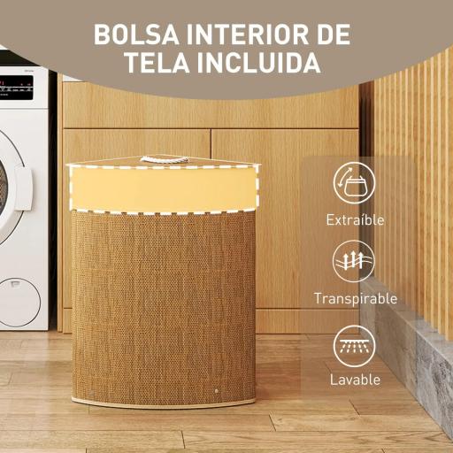 Cesto Ropa Sucia Bambú para Esquina 55L con Tapa y Asa Bolsa Extraíble Lavable 35x35x60 cm Marrón [3]