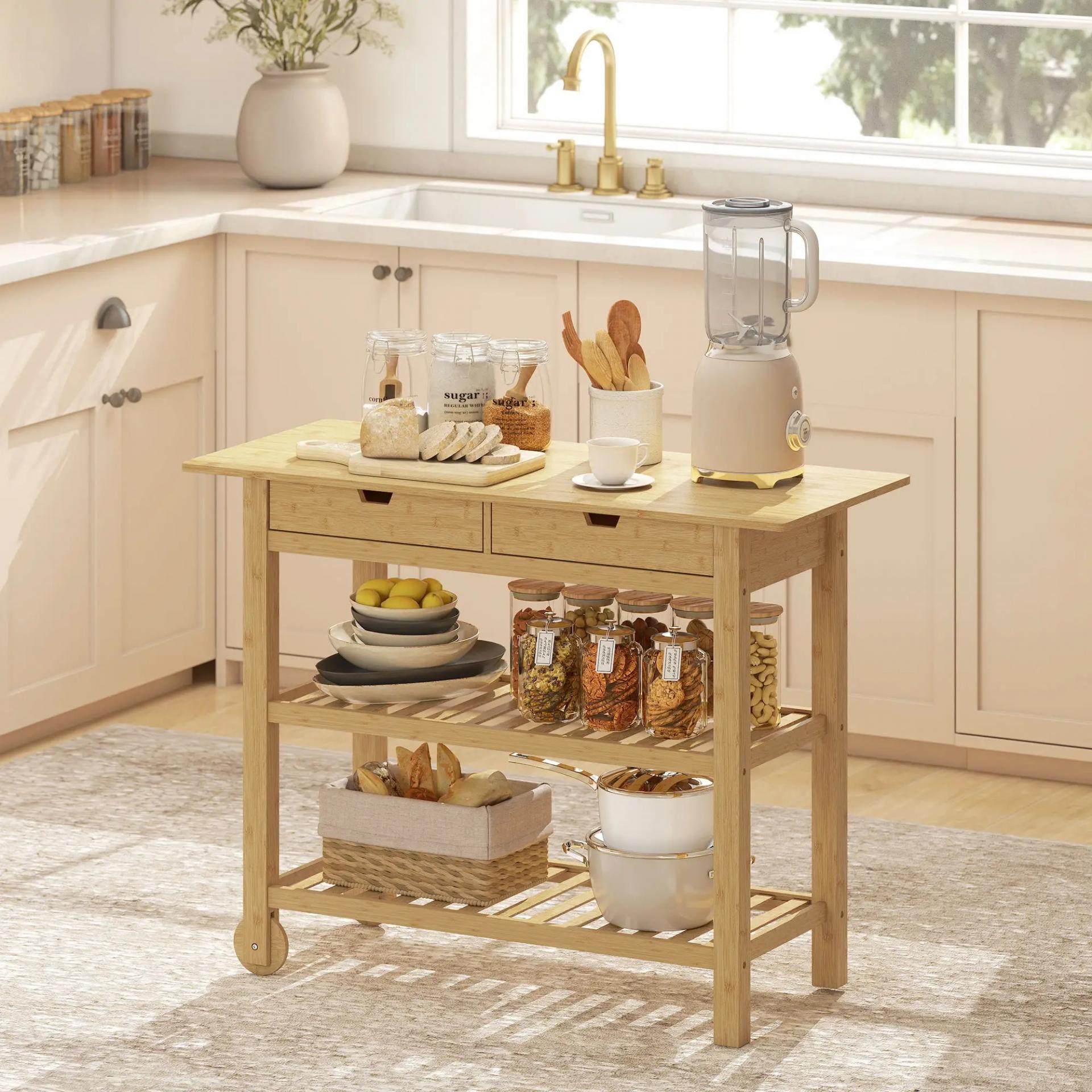 Carrito Auxiliar con Ruedas de Bambú Carro de Servicio con 2 Cajones 2 Estantes de Listones 100x43x75 cm Natural