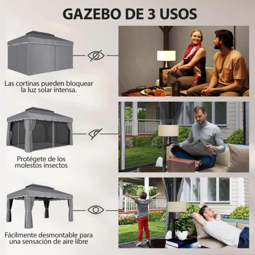 Cenador de Jardín 4x3m Pabellón de Jardín Gazebo con Doble Techo 4 Cortinas y Mosquitera Marco de Aluminio UPF50+ Gris [3]