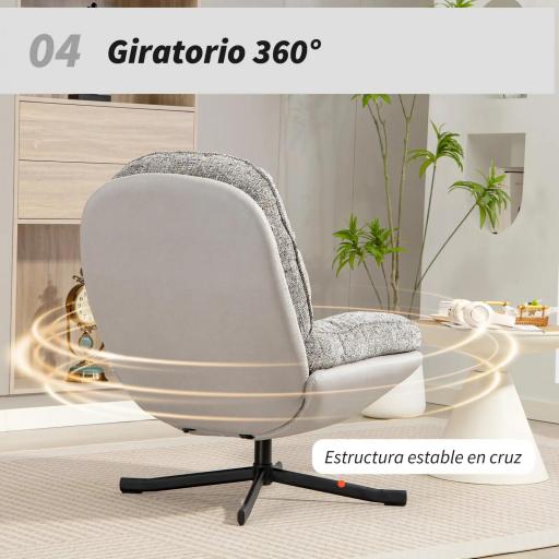 Butaca de Salón Giratoria Moderna Tapizada en Chenilla y Cuero PU con Asiento Ancho Base de Cruz Sillón Relax Gris [6]