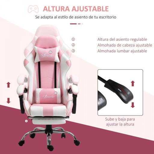 Silla Gamer Reclinable con Reposapiés Sillón Gaming con Reposacabezas Cojín Lumbar y Altura Ajustable 64x67x127 cm Rosa [3]