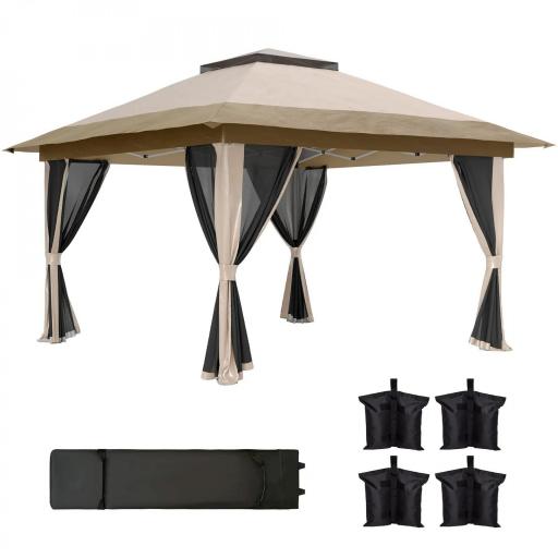 Cenador Plegable 3,6x3,6 m con Laterales de Malla UPF50+ Altura Ajustable Bolsa con Ruedas y Bolsas de Arena Beige [8]