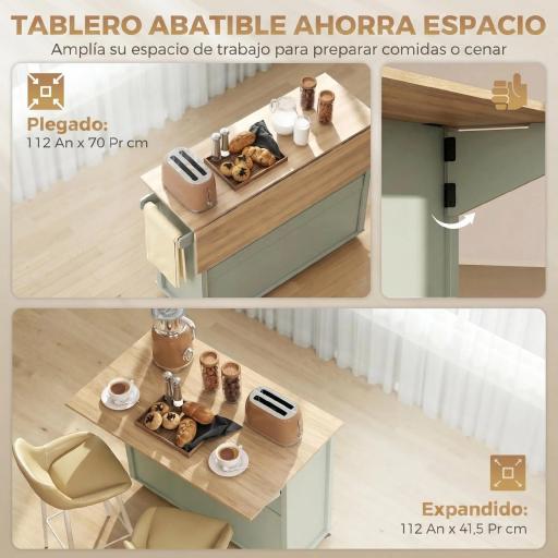 Isla de Cocina con Ruedas Tapa Abatible Especiero Toallero Armario 2 Cajones 117,5x70x91 cm Verde Claro [4]