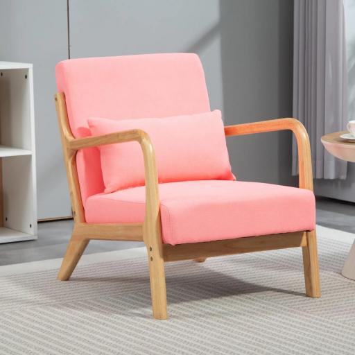Butaca Nórdica Sillón de Salón Acolchado con Reposabrazos Cojín y Marco de Madera de Caucho 61x78x76 cm Rosa