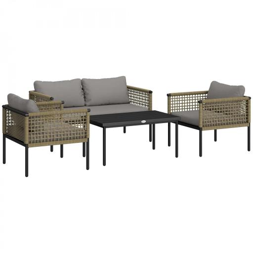 Conjunto de Muebles de Jardín 4 Piezas con Sofá Sillones Mesa de Centro y Cojines Natural y Gris [9]