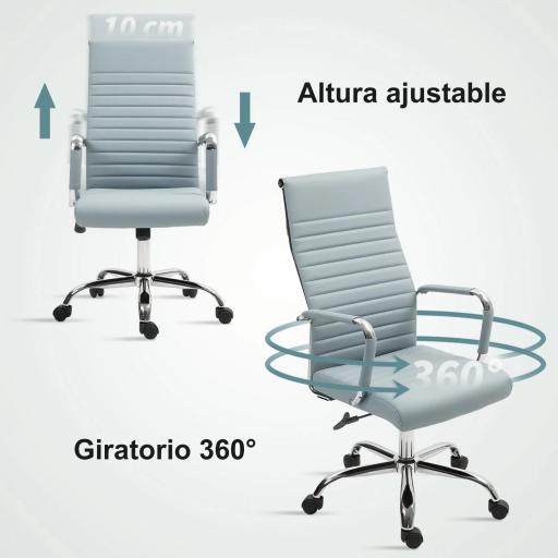 Silla de Escritorio Giratoria con Respaldo Alto Altura Ajustable Función Basculante y Reposabrazos Gris Claro [3]