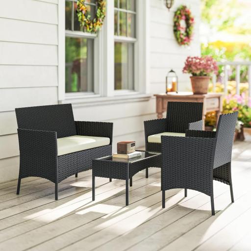 Conjunto Muebles Jardín de Ratán Sintético con Sofá Sillones y Mesa de Vidrio Templado y Cojines Negro y Crema [6]