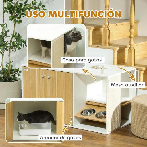 Mueble Arenero para Gatos 3 en 1 con Puertas Cojín Tazones y Estera para Rascar 95x48x50,5 cm Blanco y Roble [5]
