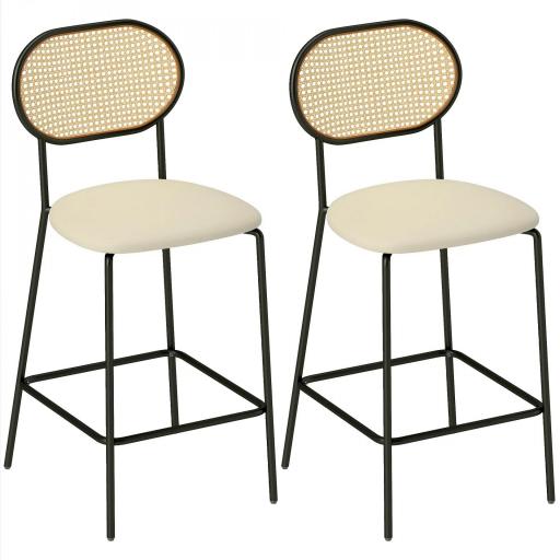 Juego de 2 Altos de Cocina con Respaldo de Ratán Asiento de PU Marco de Acero y Reposapiés Beige [8]