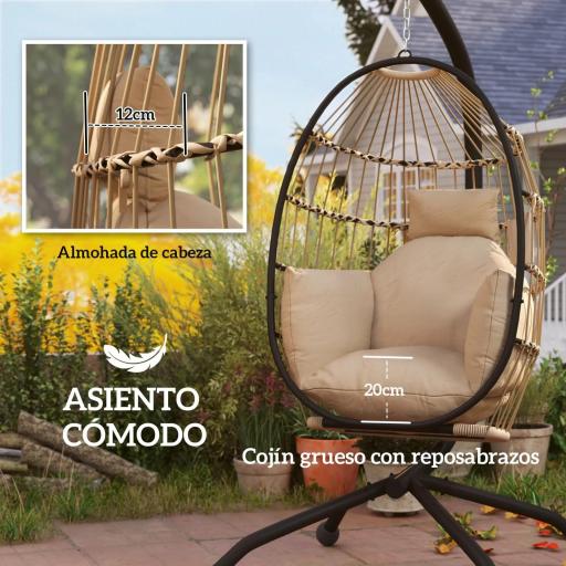 Silla Colgante con Soporte Cesta Plegable Cojín y Reposacabezas para Interior y Exterior Carga 120 kg Caqui [4]