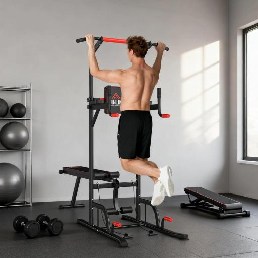 Torre Entrenamiento Energía Power Tower Estación Pull Up Multifuncional Ajustable en Altura con Banco Plegable Barra de Dominadas para Fitness 220x98x181-229 cm Negro
