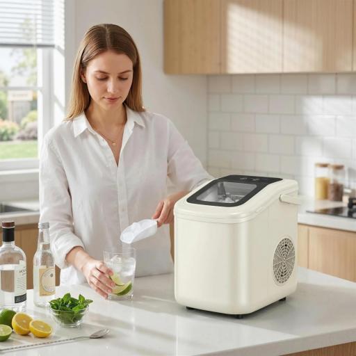 Máquina de Hielo Autolimpiable 12 kg/24H 9 Cubitos Listos en 7 Minutos 2 Tamaños de Hielo 1,2L Depósito Beige [6]