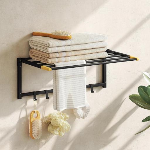 Toallero de Baño de Pared Toallero Plegable con 5 Barras y 6 Ganchos para Toallas Baño 60 cm Negro