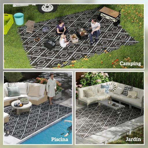 Alfombra de Exterior Reversible 182x274 cm con Patrón Geométrico de Rombos Impermeable Bolsa de Transporte Negro [3]