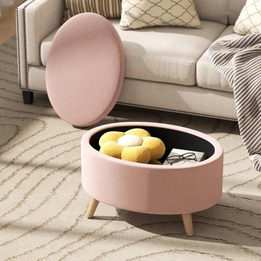 Puff Almacenaje Ovalado Banco Almacenaje 71x51,5x42 cm Tapizado en Terciopelo con Patas de Madera Maciza Rosa Claro [4]